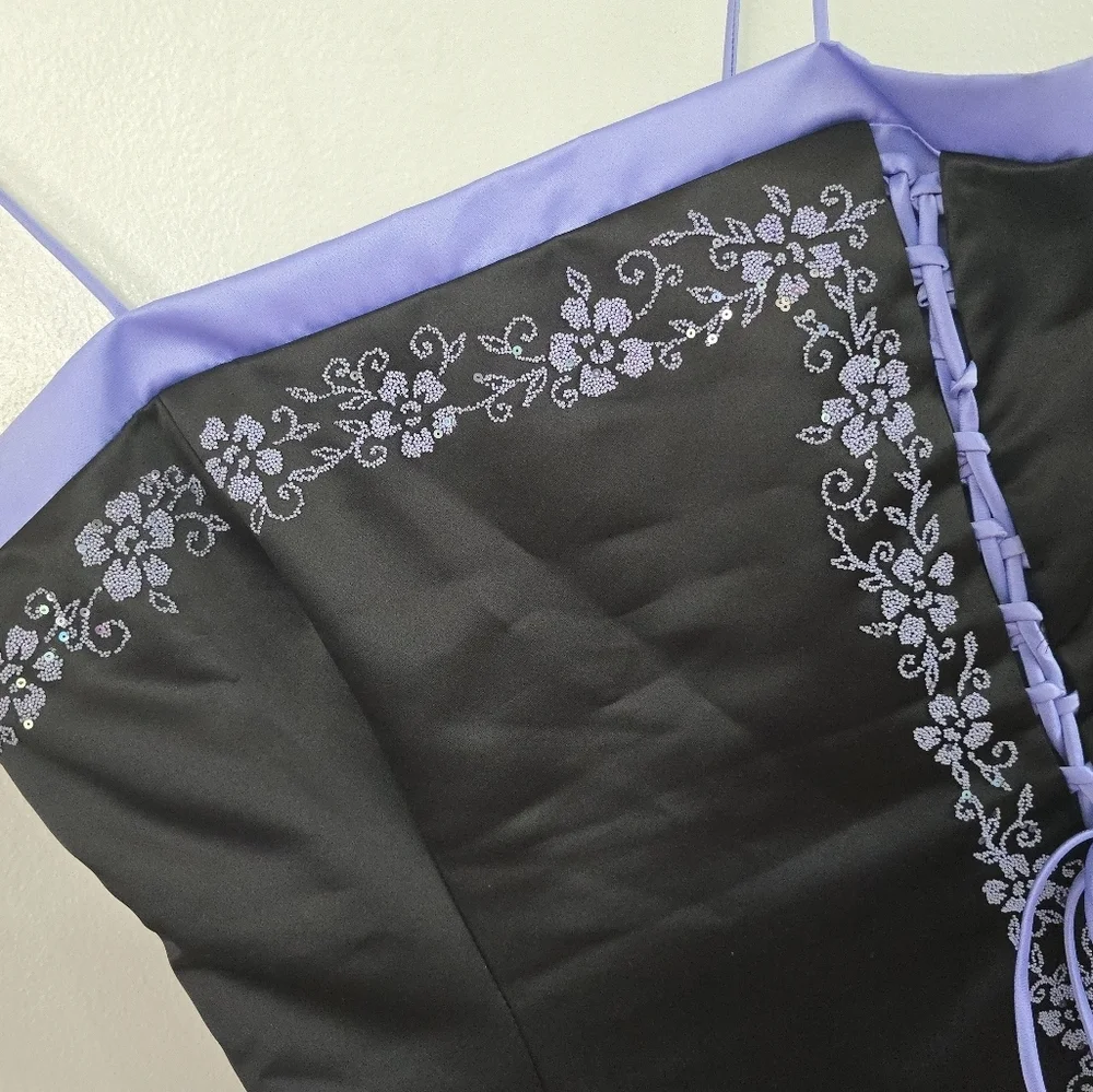 Prom Dress Maxi Gown Purple Black Bead Y2K Floral Delvt Sz 13 Fairy FLAWS - Picture 3 of 13